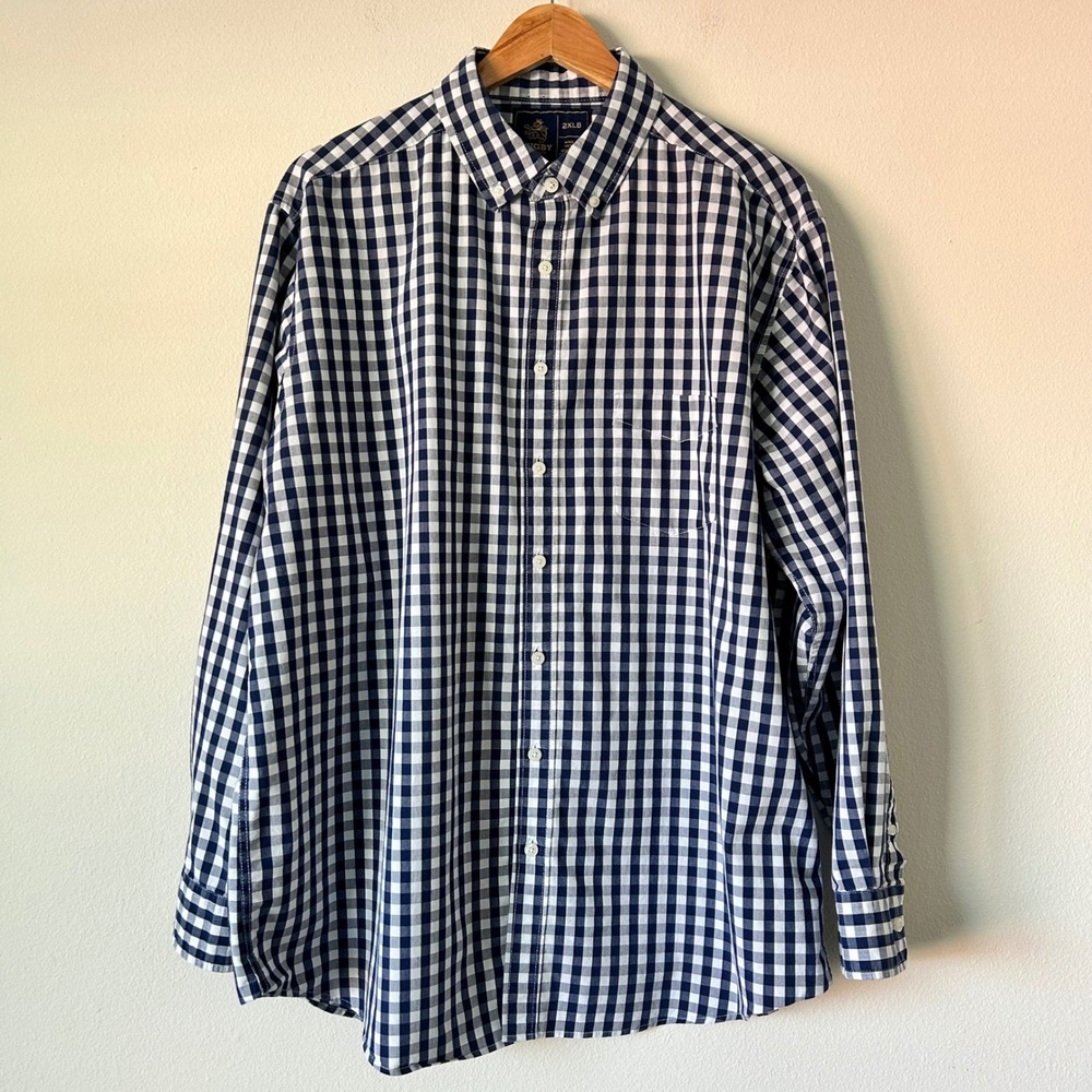 Rugby University Mens 2XLB Gingham Button Down Shirt Navy Blue White Stretch